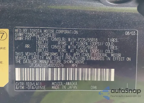 2004 Lexus Rx 330 z USA, uszkodzony, nr VIN JTJGA31U540020276